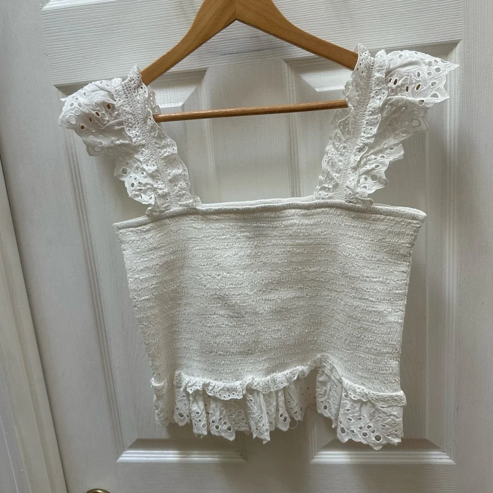 ME+EM White Cotton Delicate Broderie Shirred Top smocked flare 10 tank cropped - Picture 2 of 9
